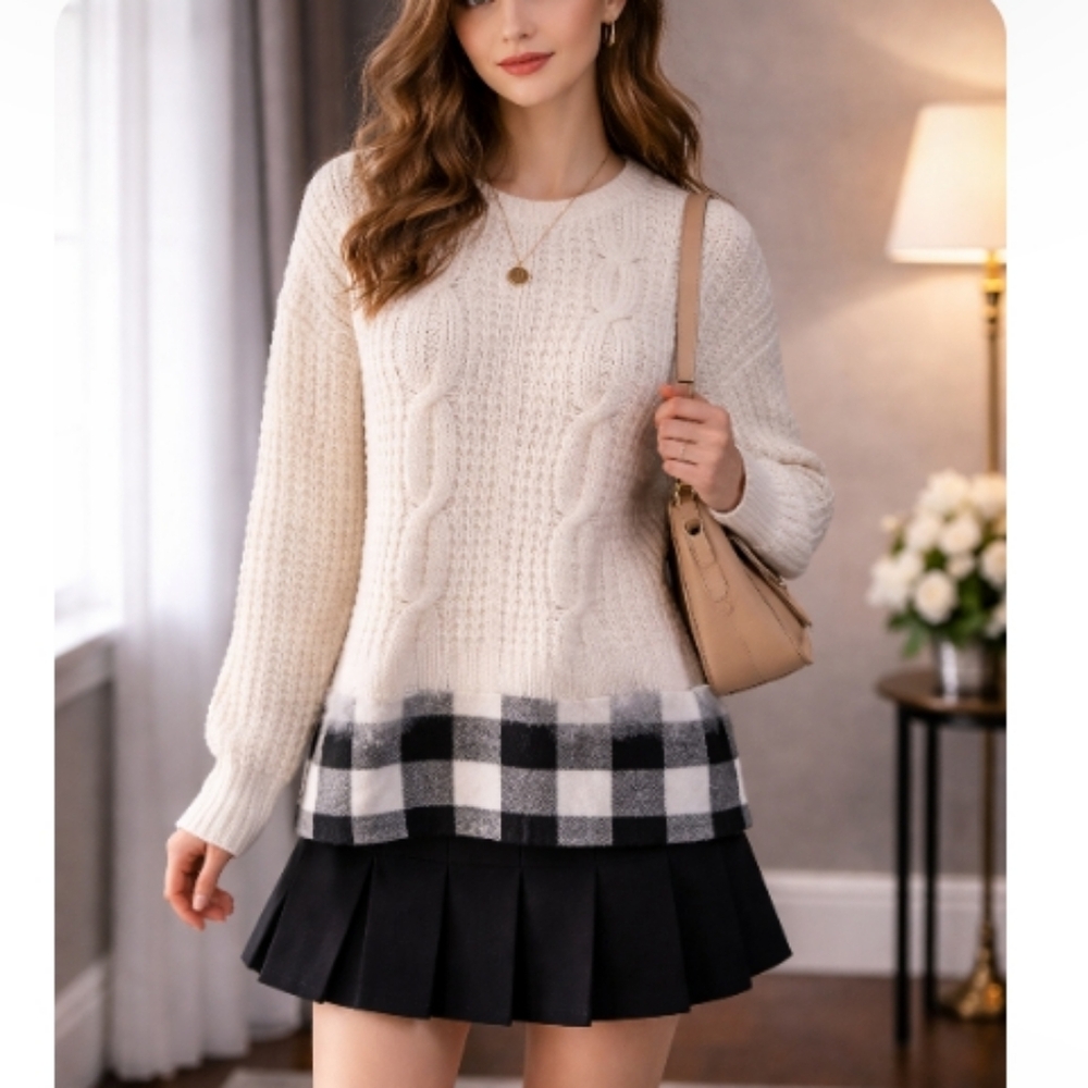 Madewell  cream black merino wool cable knit crewneck. Pullover s…